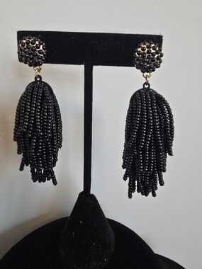 Black Beaded Tassel Drop Earrings